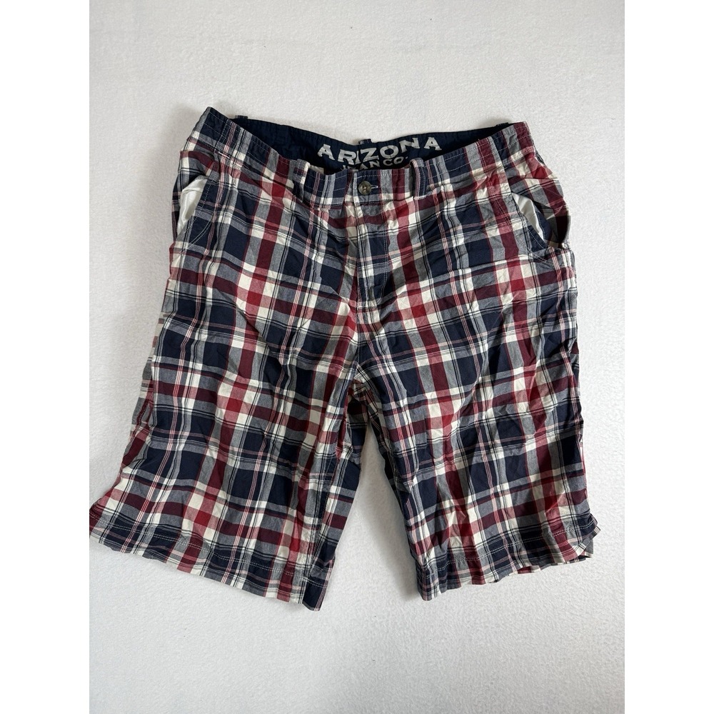 Arizona Jean Co Mens Plaid Shorts Size 40 Red Navy Blue White Flat Front 40